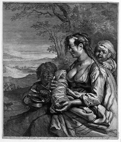 A woman breastfeeding her baby and looking after two small children in a rural setting. Engraving.