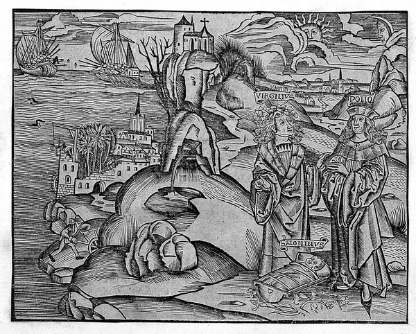 Virgil and A. Pollio deep in conversation above a bustling town and harbour, Saloninius (Pollio's infant son) lies in a cradle at their feet. Woodcut after Virgil.