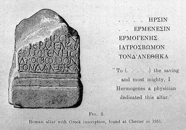 Roman altar with Greek inscription found at Chester in 1851