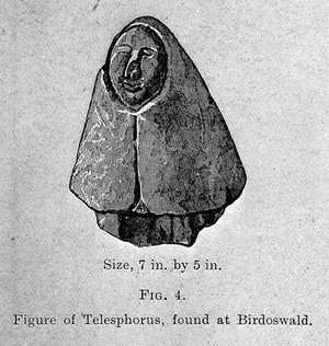 view Stone figure of god Telesphorus and attendant of Aesculapius.