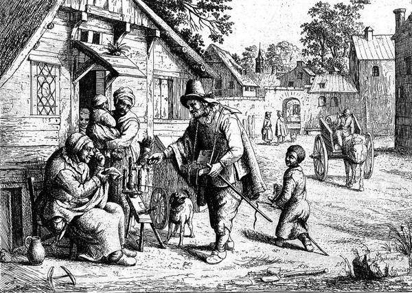 A vendor of spectacles showing his wares to a woman at her spinning wheel, while her family look on. Etching by D. Deuchar after A. van Ostade.