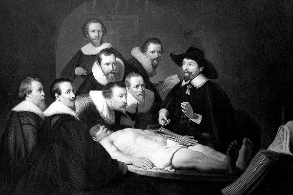 Nicolaus Tulp demonstrating anatomy to seven syndics of the Surgeon's Guild of Amsterdam. Mezzotint after Rembrandt van Rijn, 1632.