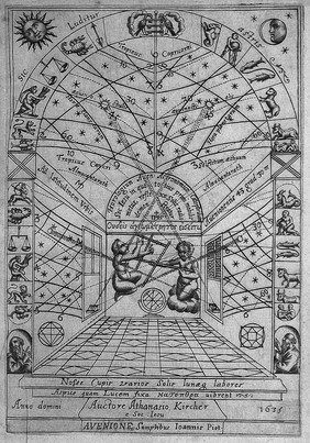 Primitiæ gnomonicæ catoptricæ, hoc est horologiographiæ nouæ specularis in qua breuiter noua, certa, exacta, & facilis demonstratur horologiorum per reflexi luminis radium construendorum methodus. Item qua ratione prædicto reflexi luminis radio, in qualibet quantumuis irregulari muri superficie, in interioribus domorum, aliisque locis obscuris, & vmbrosis, cum horologia omnis generis, tùm omnium circulorum, qui in primo mobili considerari possunt, proiecturæ, & curuæ sectorum conorum lineæ, processus solis, & lunæ in planis indices, aliáque plurima scitu digna repræsentari possint, variè docetur / authore R.P. Athanasio Kircher Buchonio.