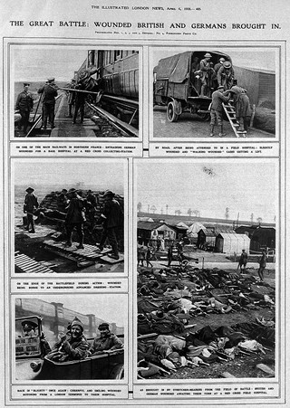 Transport of the wounded. The Great Battle: wounded British and German brought in.