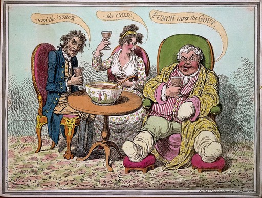 An obese gouty man drinking punch with two companions. Coloured etching by J. Gillray, 1799.