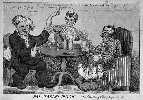 A man with gout seated at a table drinking with a parson and a woman. Coloured etching.