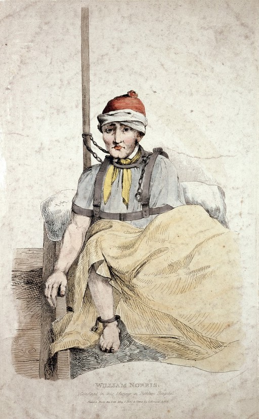 William Norris restrained by chains at the neck and ankles in Bethlem hospital, London. Coloured etching by G. Arnald, 1815, after himself, 1814.