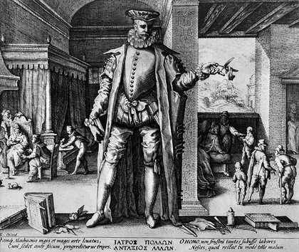 The medical practitioner appearing as a mere human when he has succeeded in curing the sick. Photograph after Hendrick Goltzius, 1587.