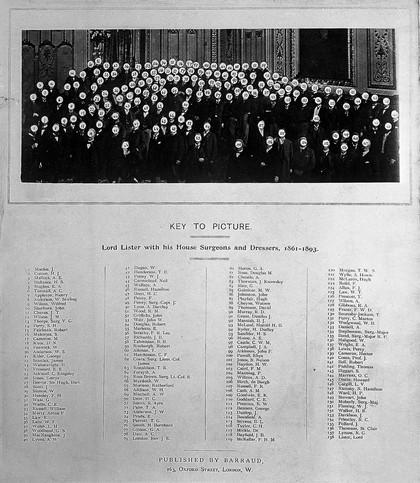 Lord Lister and his house surgeons and dressers, 1861-1893. Photograph of key to photograph by Barrauds, 189-.