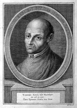 Francesco Maurolico. Line engraving by M. Bovis after Polidoro da Caravaggio.