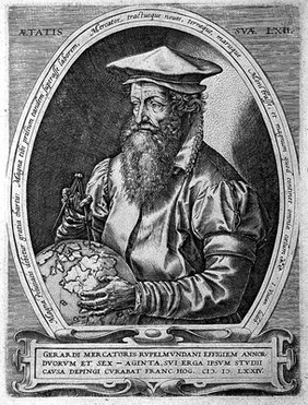 Portrait of Mercator, holding compass on globe with inscription 'Polus magnetis-America, Peru