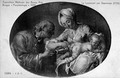 view A man administers an enema to a baby. Reproduction of a painting by J.A. Garemyn, 1778.