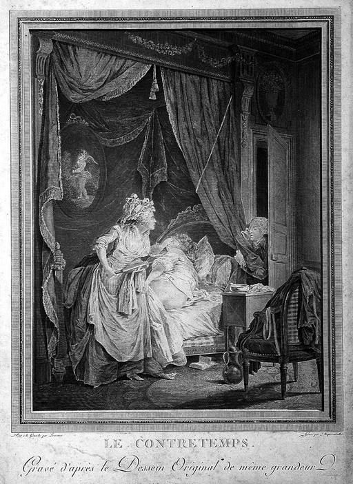 A gentlemen pays an unexpected call on a lady friend only to discover she is in the middle of having an enema. Line engraving by F. Dequevauviller after N. Lafrensen the younger.