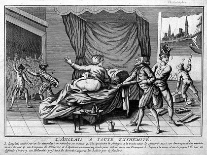 An apothecary attempts to give an Englishman an enema but is restrained by an American; medical aid is prevented by a Frenchman and Spaniard; representing the problems caused for the English by the American war for independence. Line engraving, 1778.