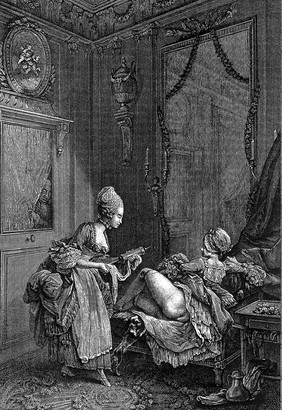 A peeping-tom spying on a fashionable lady receiving an enema. Reproduction of a line engraving after P. Maleuvre after P.A. Baudouin.