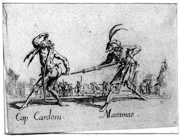 Two Commedia dell'arte street entertainers using a clyster as part of their performance. Etching by J. Callot.