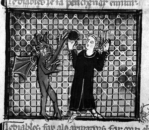 view Sin of vanity, temptation by personal ornament. From a manuscript in the British Museum, Royal 19ci, Folio 204.