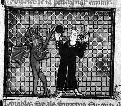 Sin of vanity, temptation by personal ornament. From a manuscript in the British Museum, Royal 19ci, Folio 204.