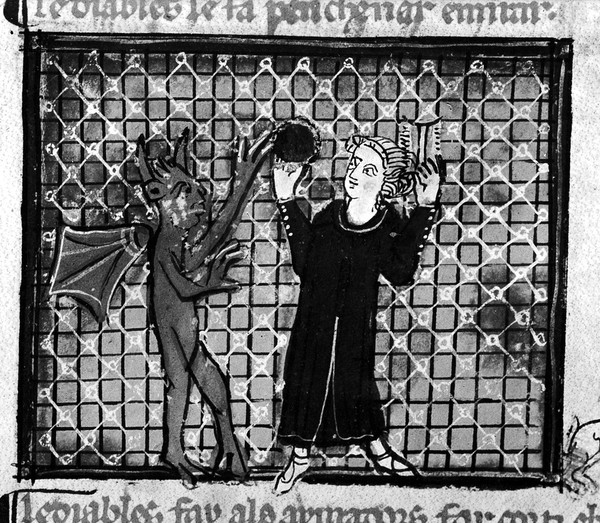 Sin of vanity, temptation by personal ornament. From a manuscript in the British Museum, Royal 19ci, Folio 204.