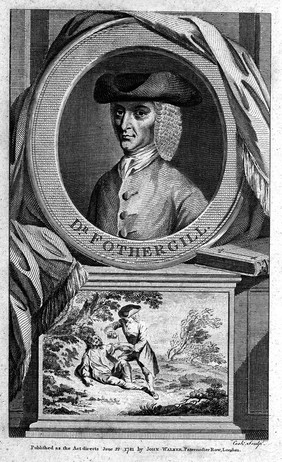 John Fothergill: portrait in oval frame with trompe l'oeil surroundings. Line engraving by [T.?] Cook, 1781.