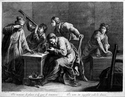 An old man wearing spectacles and his four pupils experiment using optical instruments and materials. Line engraving by F. Pedro after F. Maggiotto.