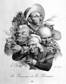 A group of five heads; three men smoking tobacco and two women taking snuff. Coloured lithograph by F-S. Delpech, c. 1823, after L. Boilly.