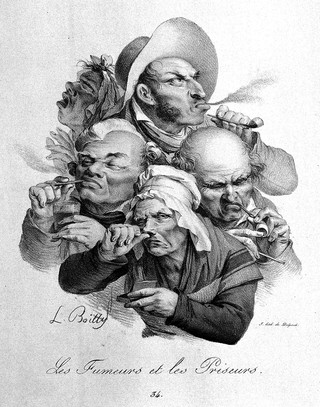A group of five heads; three men smoking tobacco and two women taking snuff. Coloured lithograph by F-S. Delpech, c. 1823, after L. Boilly.