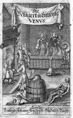 Die belägert und entsetzte Venus, das ist chirurgische Abhandlung der sogenanten frantzossen, auch spanischen Pocken-Kranckheit, Drüpper, Sjankert, Klap-Ohren, etc. und andern sich dabey findenden Zufällen. Worinnen derselben vornemlich auf des weltbekanten Cartesii Gründe befestigte ... Cur vollkömmlich angewiesen wird. Anietzo seiner unvergleichlichen Vortreffligkeit halber, nebst der beruffenen Medicorum Fr. Sylvii, Th. Sydenham, Joh. Wieri und Ant. Everaars, gleichmässigen accuraten Beschreibung dieses Ubels / Aus dem Niederländischen ... übersetzet.