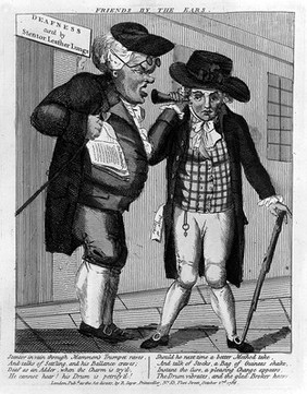 A stockbroker feigning deafness to avoid paying the man who claims to have restored his hearing. Coloured etching, 1786.