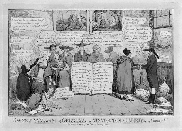 A room of Quakers gossiping about the marriage of William Allen to Mrs. Grizell Birkbeck, seen on the left, affirming their vows. Coloured etching by R.I. Cruikshank, 1827.