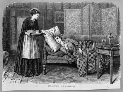 A patient lies on a chaise-longue, while a nurse brings her some refreshment. Wood engraving by J.C. Griffiths after G.G. Kilburne.