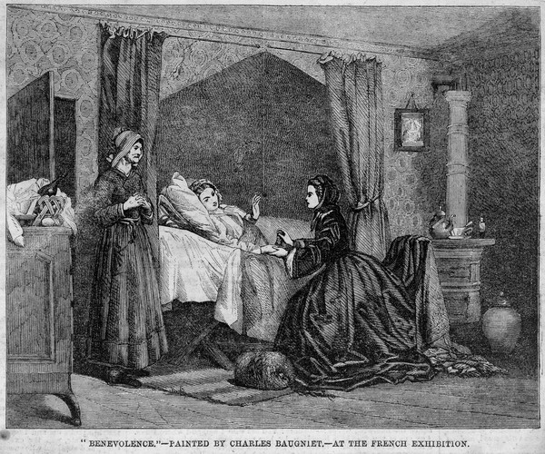 A wealthy woman visiting the sick. Wood engraving after C. Baugniet.