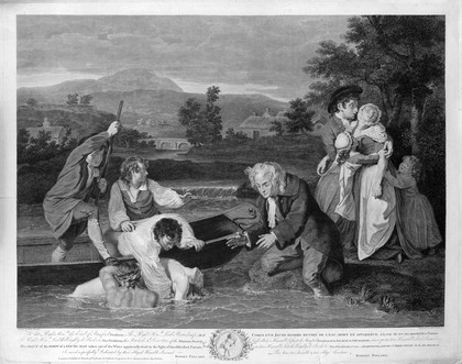 A man being brought in by boat apparently drowned, his wife and family grieve on the shore. Engraving by R. Pollard, 1787, after R. Smirke.