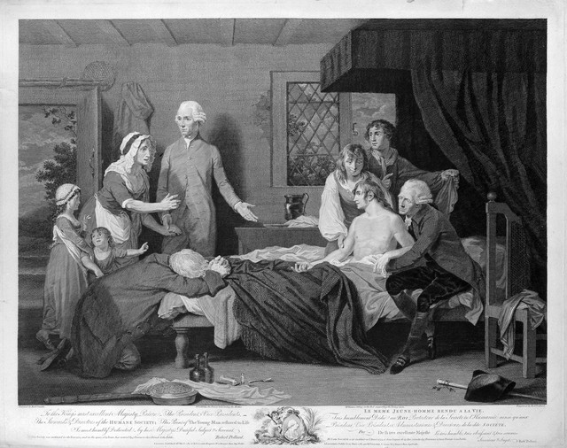 A man recuperating in bed at a receiving-house of the Royal Humane Society, after resuscitation by W. Hawes and J.C. Lettsom from near drowning. Engraving by R. Pollard, 1787, after R. Smirke.