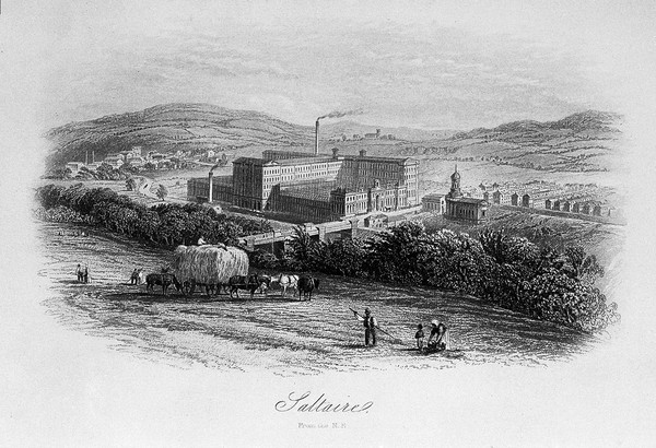 Saltare from the North East of England. Built for the manufacture of Alpaca and Mohair. Opened by Titus Salt in 1853. Planned with admirable arrangement for ensuring the health and comfort of the workpeople, and preventing accidents from the shafting and gearing.