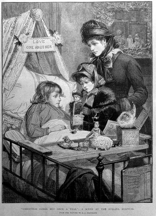 The Evelina Hospital, Southwark: a mother and daughter visiting a girl in hospital at Christmas. Coloured process print, 1882, after C. J. Staniland.