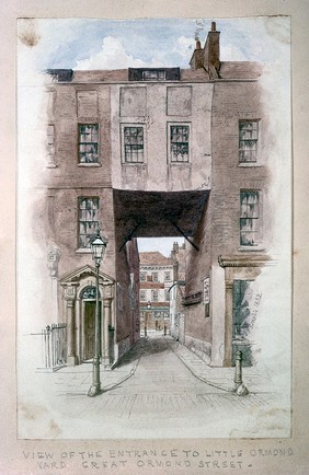 The entrance to Little Ormond Yard, off Great Ormond Street. Watercolour by J. P. Emslie, 1882.