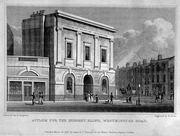 The blind school, Southwark. Coloured engraving by R. Acon, 1829, after T. H. Shepherd.