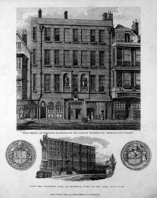 The London Workhouse: the street and courtyard facades with a pair of medallions. Engraving by T. Dale after R. Schnebbelie, 1819.