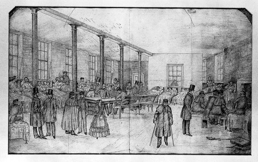 Hospital ward in Liverpool Workhouse; requisitioned for wounded soldiers. Pencil drawing.