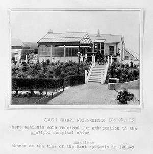 view South Wharf, Rotherhite where patients were received for embarkation to the Hospital Ships, 1901-02.