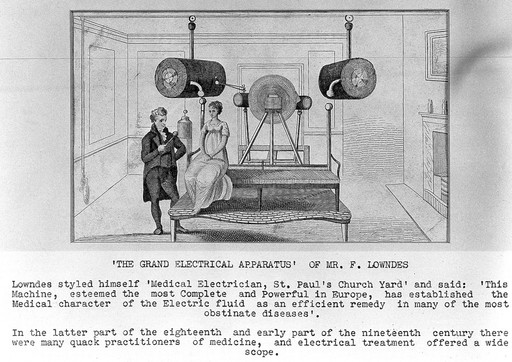Francis Lowndes, a medical electrician (?) treating a woman on an electrotherapy machine. Etching.