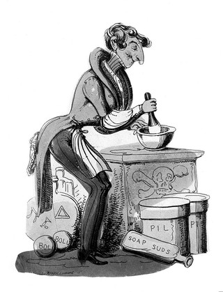 An apothecary using a pestle and mortar to make up a prescription. Coloured etching.