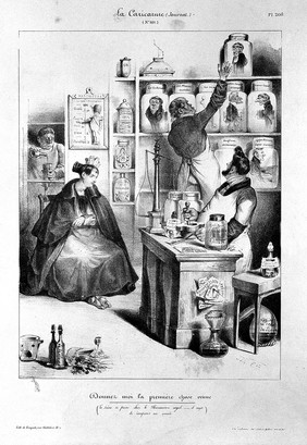 A pharmacist (Louis Phillippe) making up a prescription for a seated lady, surrounded by figures in apothecary jars; representing members of the French government and various political matters. Lithograph by J.I. Grandville, 1832.