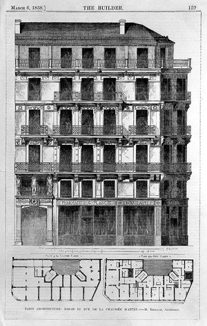 view Facade and two ground-plans of a Parisian pharmacy. Wood engraving by W.E. Hogkin after M. Rolland.