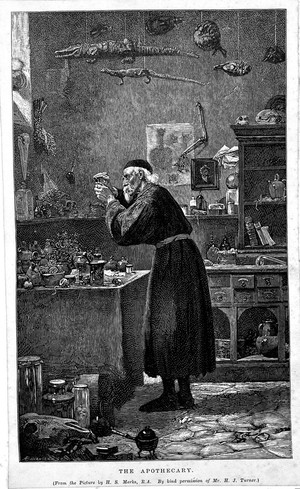 view An apothecary mixing a concoction in his working room surrounded by the paraphernalia of his profession. Wood engraving by A. Bellenger after H.S. Marks.