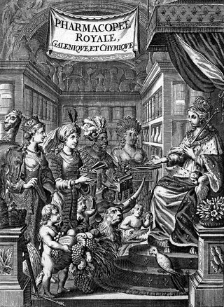 Four distinctive and elaborately adorned women presenting a queen with many riches; representing Europe, Asia, Africa and America bearing the natural bounty of the world to an allegorical figure. Line engraving.
