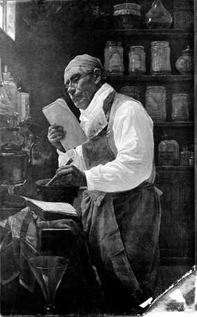 An apothecary making up a prescription in his working room. Chromolithograph, 1901(?).