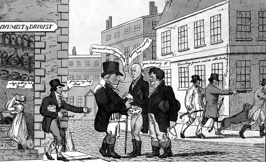 Several sinister events in a London street. Coloured etching.