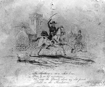 A skeletal figure riding a horse past a church and the devil; representing an apothecary and his remedies. Etching after R. Easton.